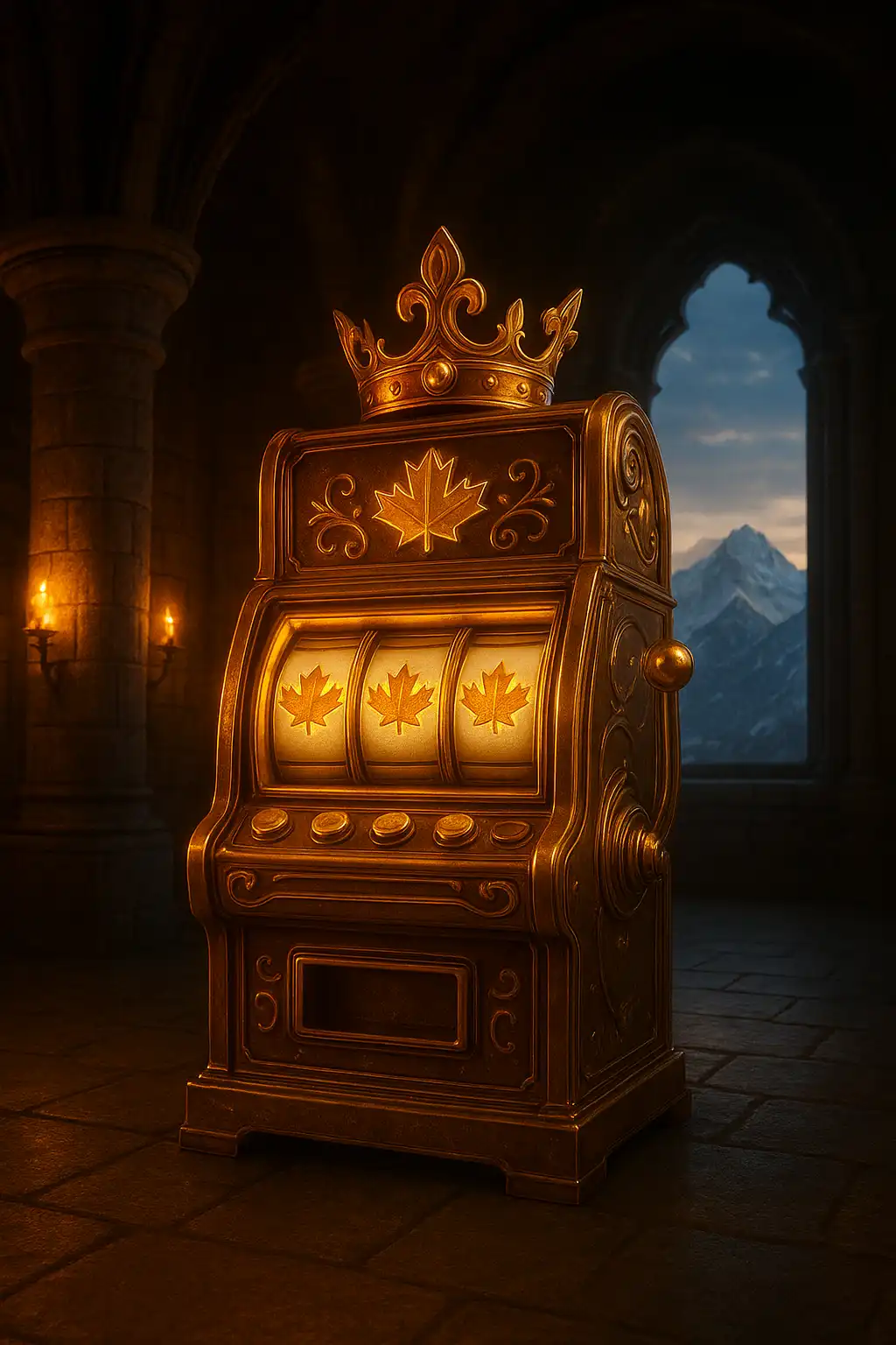 Golden crown and slot reels glowing inside a stone castle hall overlooking snowy Canadian peaks